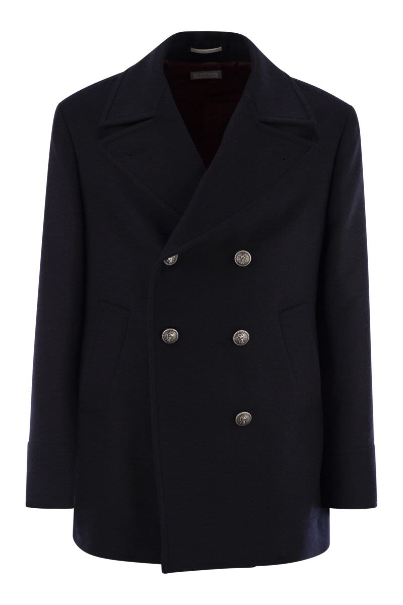 BRUNELLO CUCINELLI Double Wool Flannel Pea Jacket with Metal Buttons
