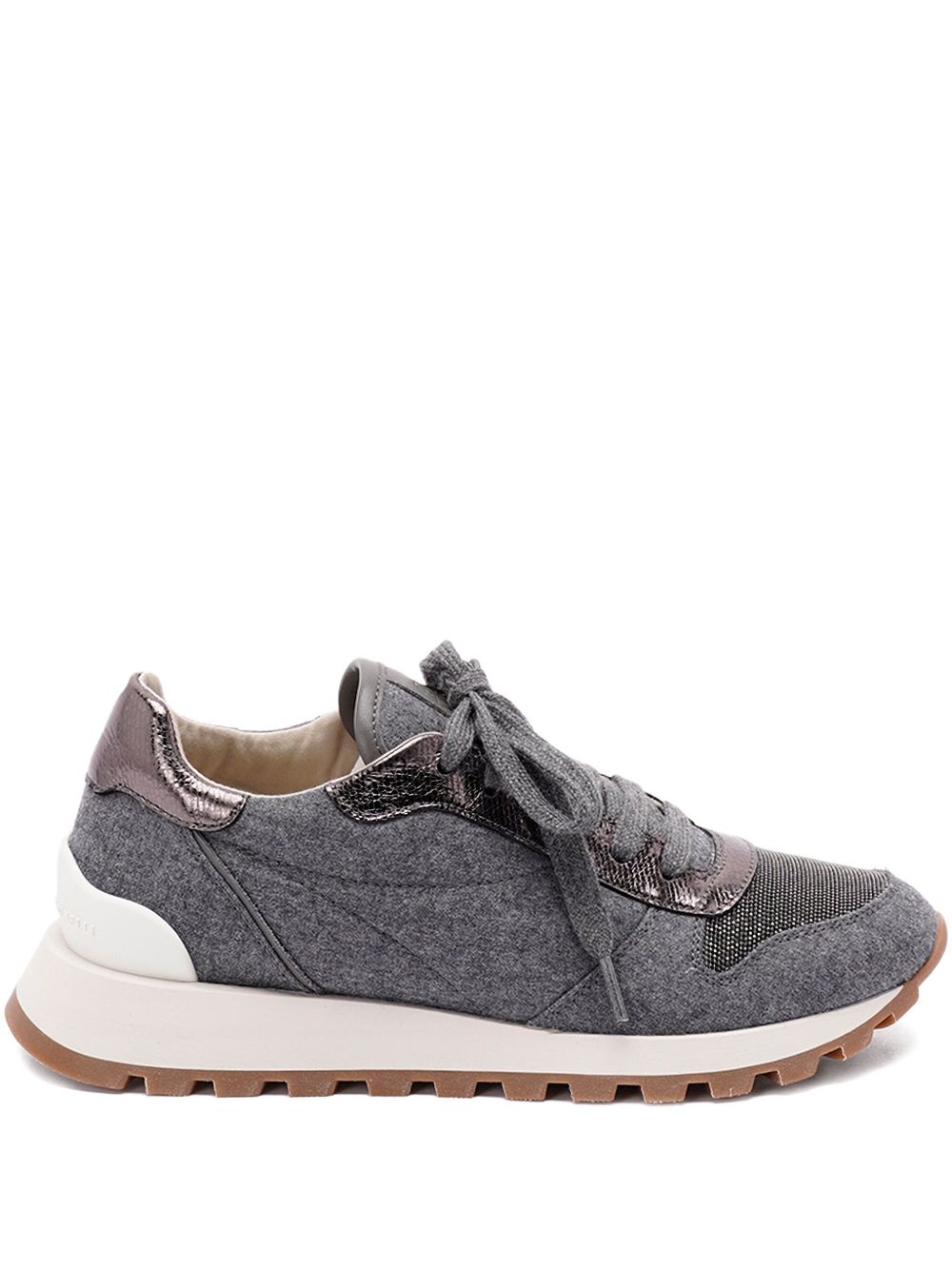 BRUNELLO CUCINELLI Luxury Wool Flannel and Lamé Calfskin Sneakers with Embellished Toe