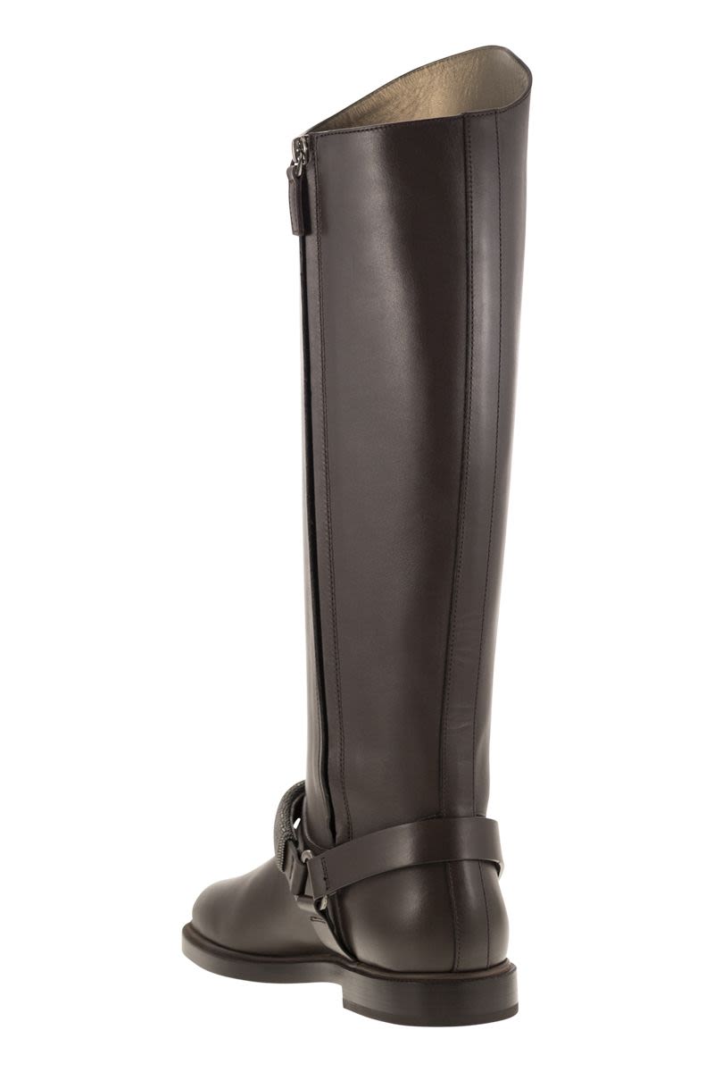 BRUNELLO CUCINELLI High Leather Boots with Precious Ribbed Strap