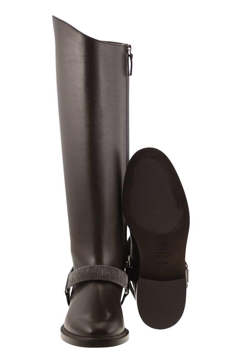 BRUNELLO CUCINELLI High Leather Boots with Precious Ribbed Strap