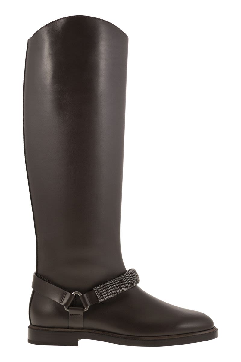 BRUNELLO CUCINELLI High Leather Boots with Precious Ribbed Strap
