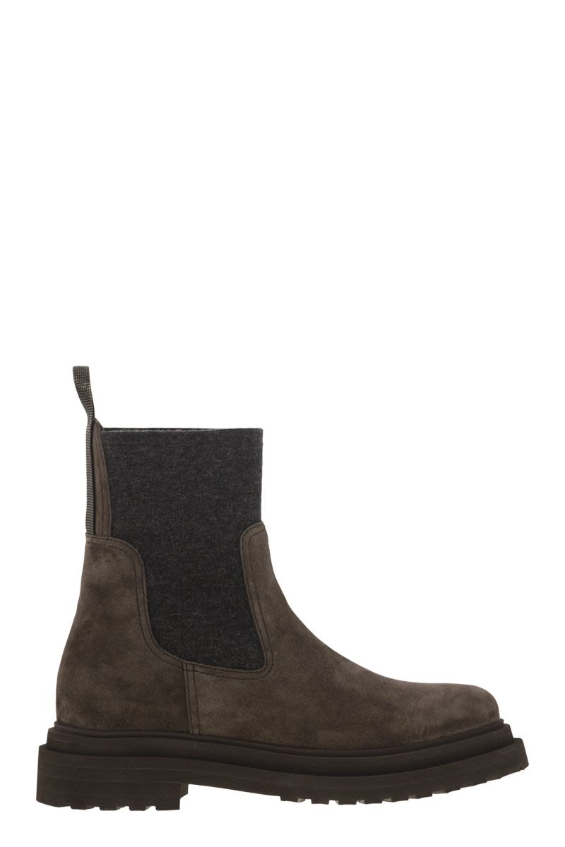 BRUNELLO CUCINELLI Chelsea-Style Suede Boot with Knit Insert and Jewel Loop Detail