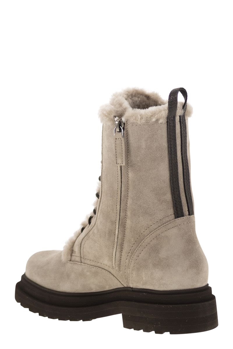BRUNELLO CUCINELLI Suede Boot with Shearling Lining and Shiny Loop Detail