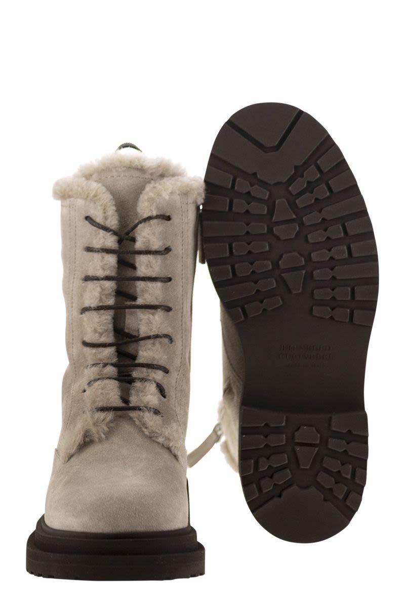 BRUNELLO CUCINELLI Suede Boot with Shearling Lining and Shiny Loop Detail