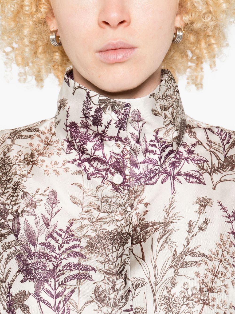 TRAME AUREE Floral Print Silk Shirt with High Neck and Long Sleeves