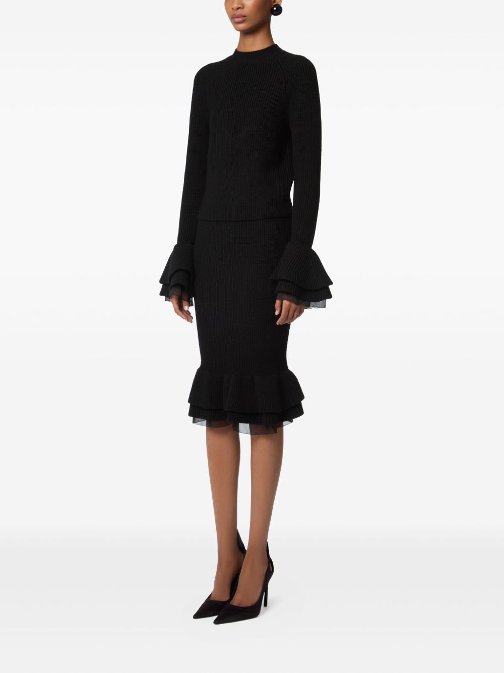 NINA RICCI Knit Midi Skirt with Peplum and Pleated Ruffle - Women