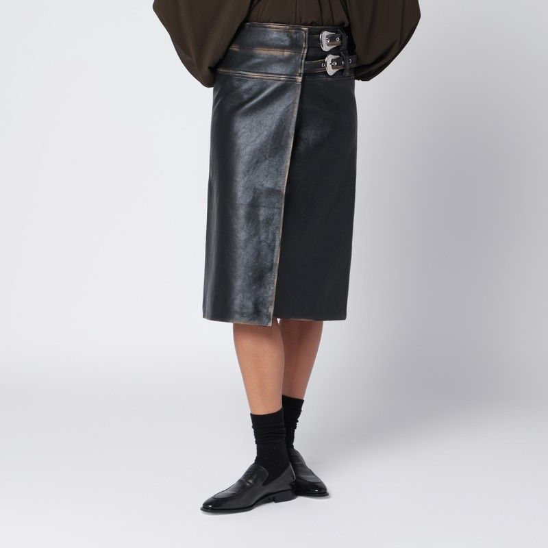 NAMACHEKO Vintage-Effect Leather Skirt with Adjustable Side Belt