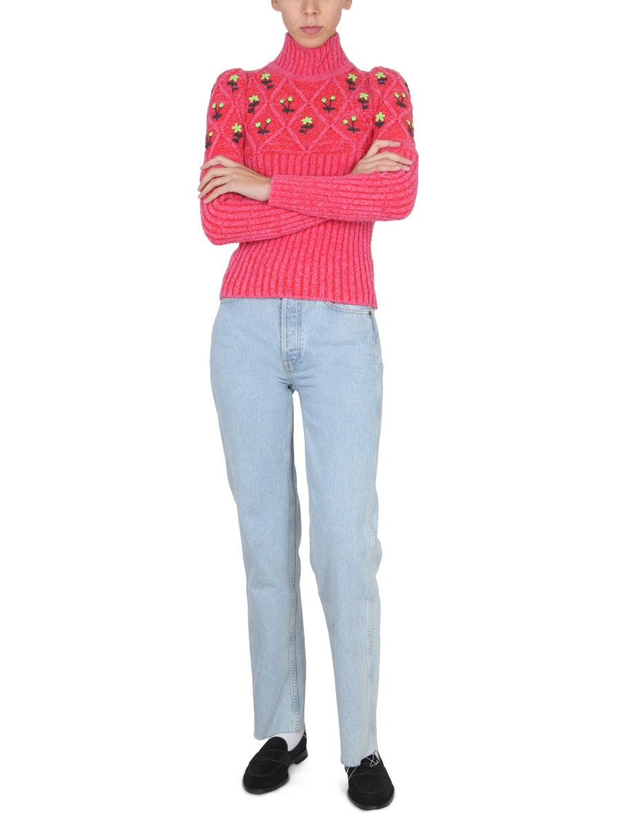 CORMIO Floral Embroidered High Neck T-Shirt