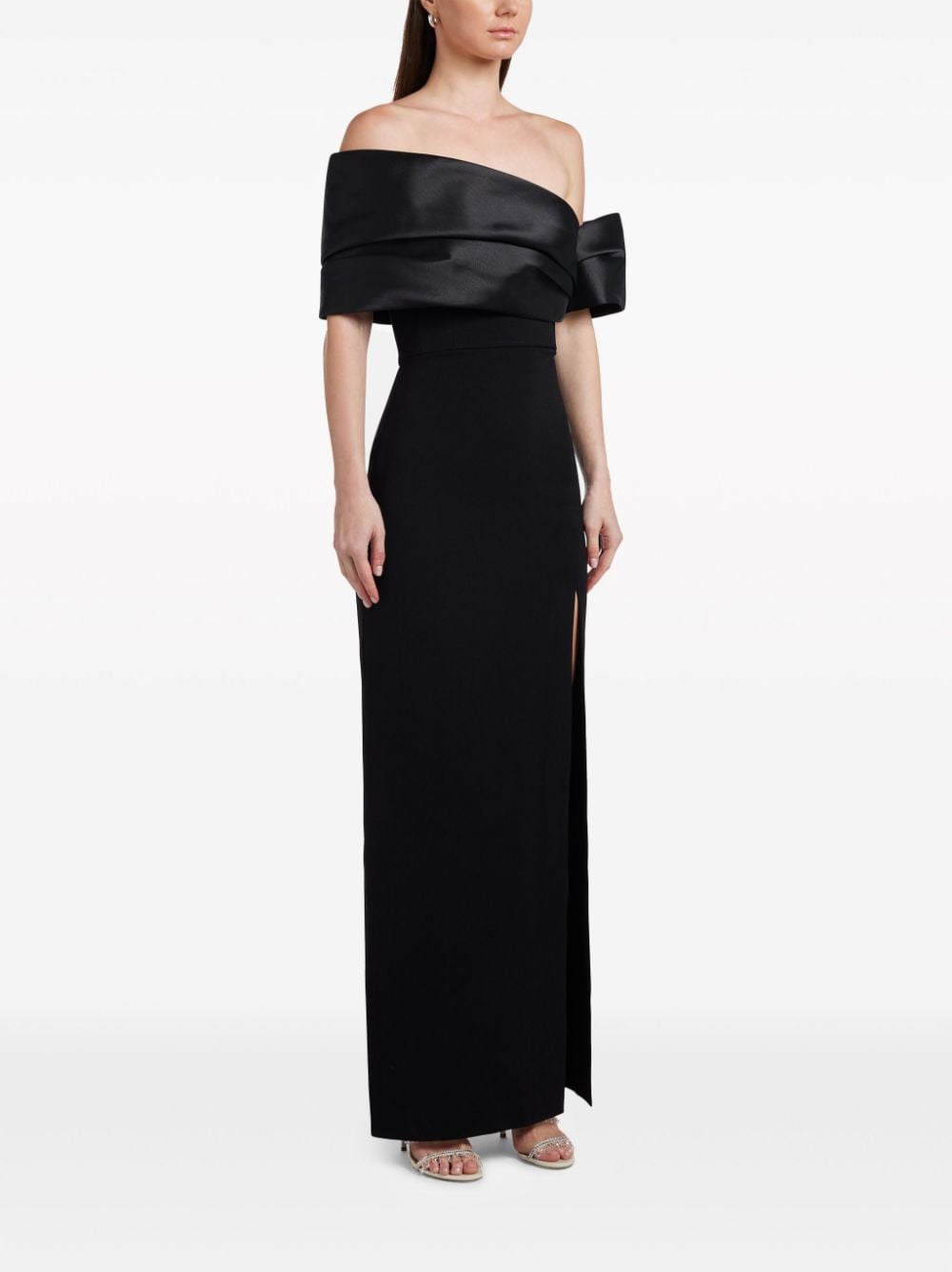 SOLACE LONDON Off-Shoulder Satin Trim Slit Dress