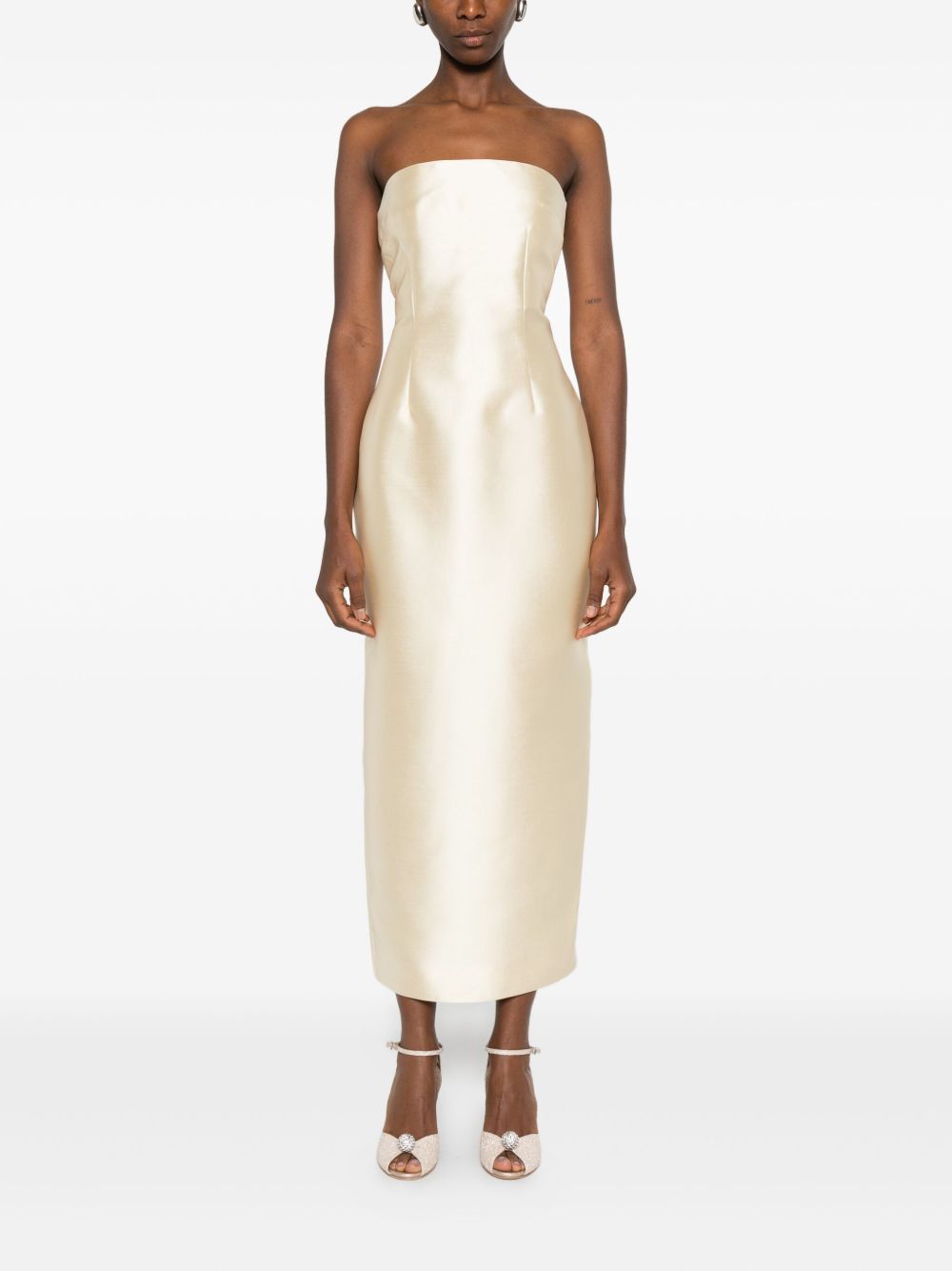 SOLACE LONDON Renee Strapless Maxi Dress with Pearl Flared Sleeves
