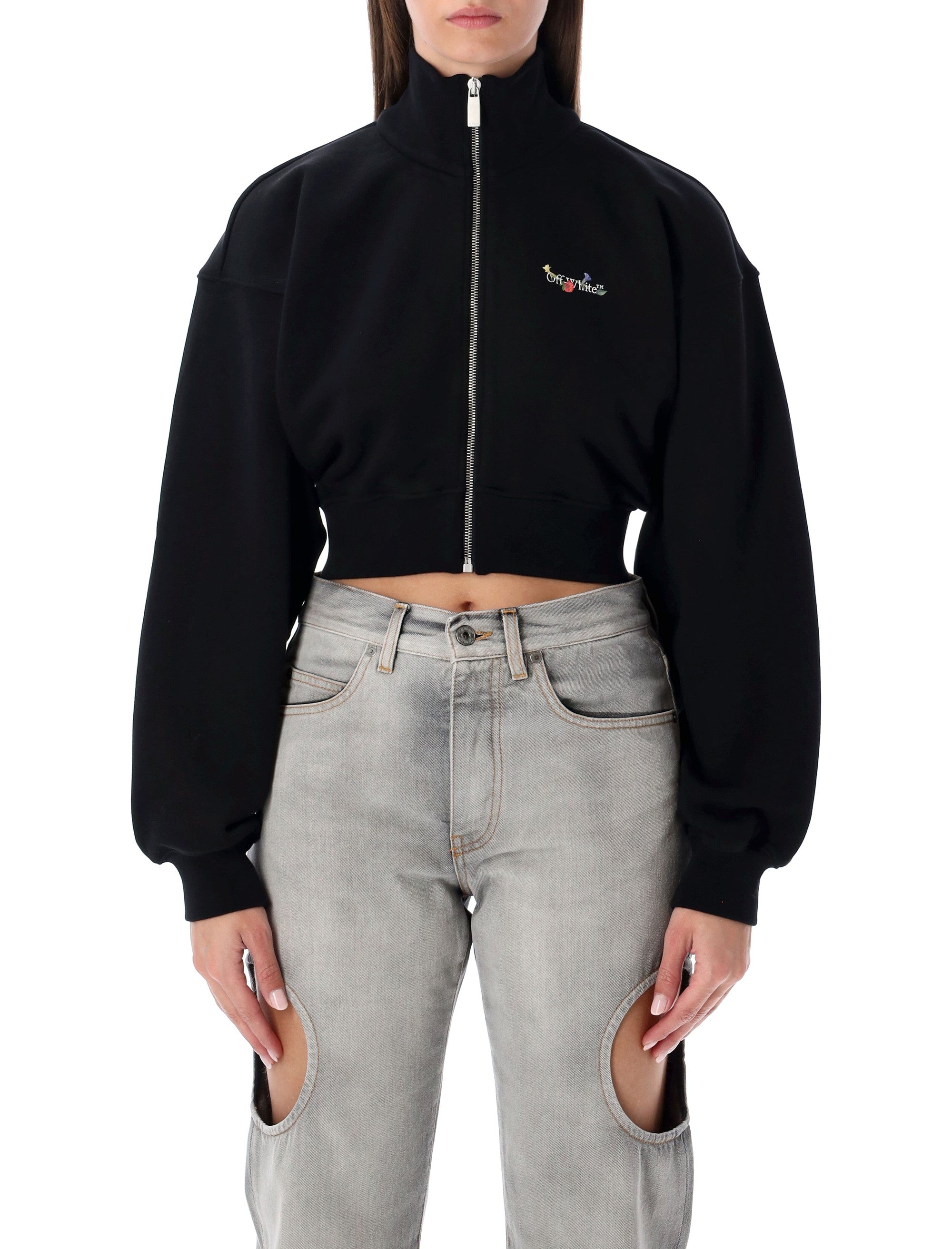 OFF-WHITE Cropped Zip Fleece with Floral Arrow Print - Women's Size S