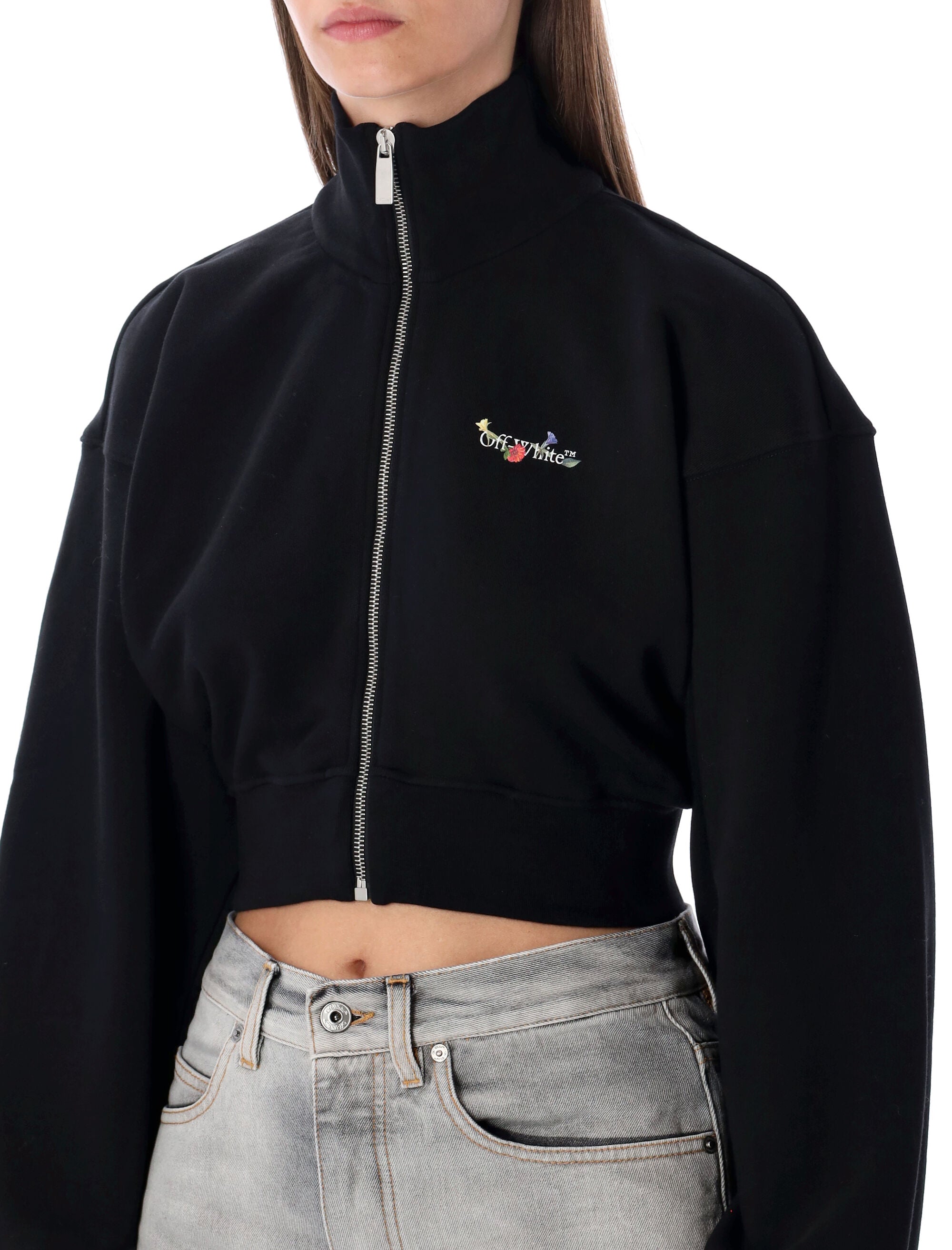 OFF-WHITE Cropped Zip Fleece with Floral Arrow Print - Women's Size S