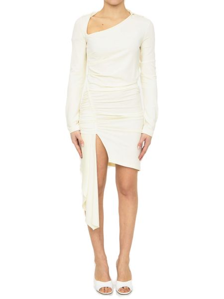 OFF-WHITE Draped Mini Dress with Asymmetric Neckline and Front Slit
