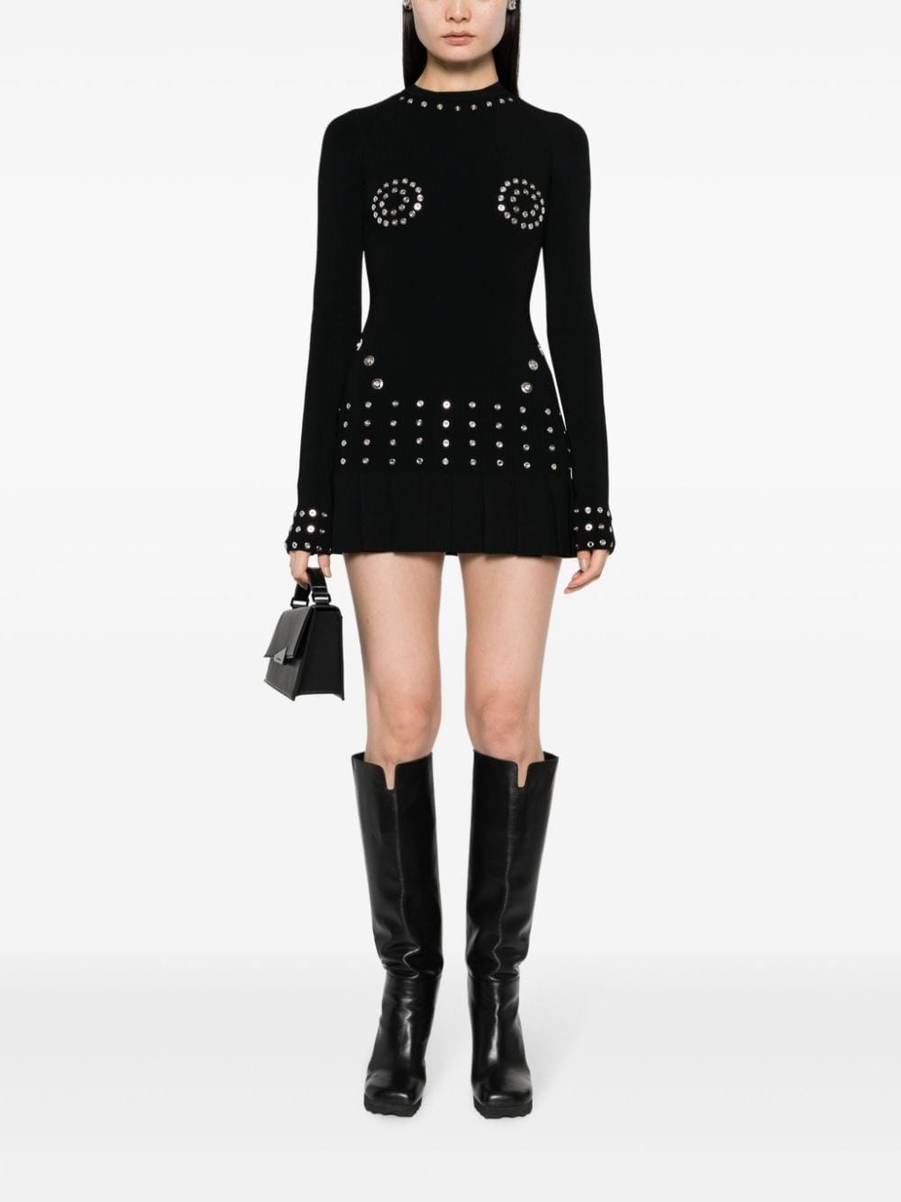 OFF-WHITE Stylish Pleated Mini Dress with Eyelet Embellishments