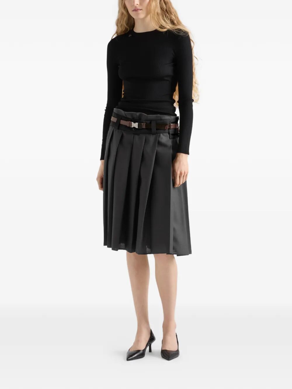 PRADA Ribbed Knit Wool Crewneck Sweater - Slim Fit