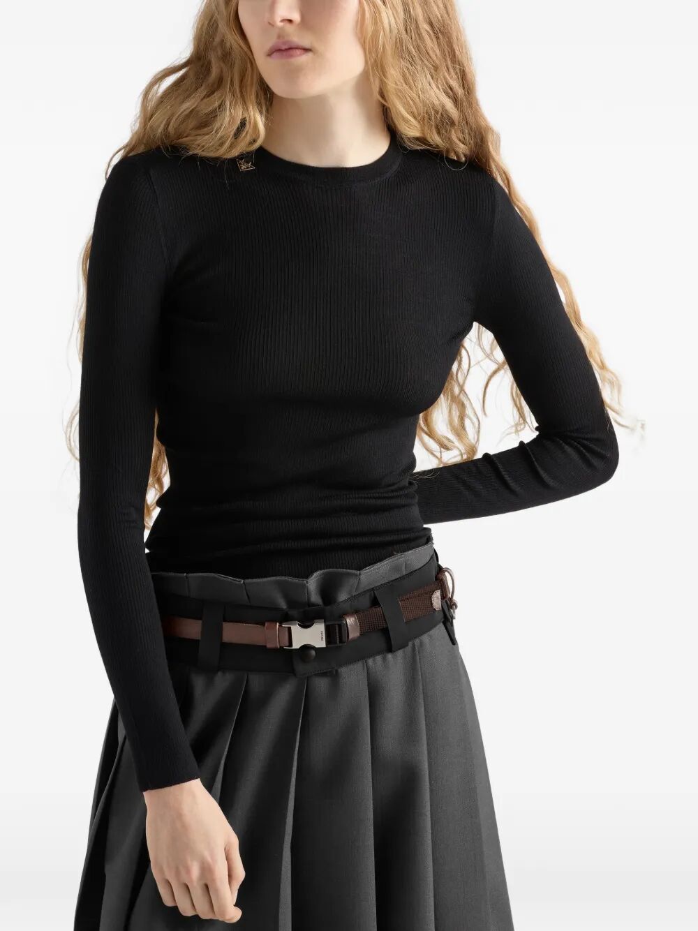 PRADA Ribbed Knit Wool Crewneck Sweater - Slim Fit