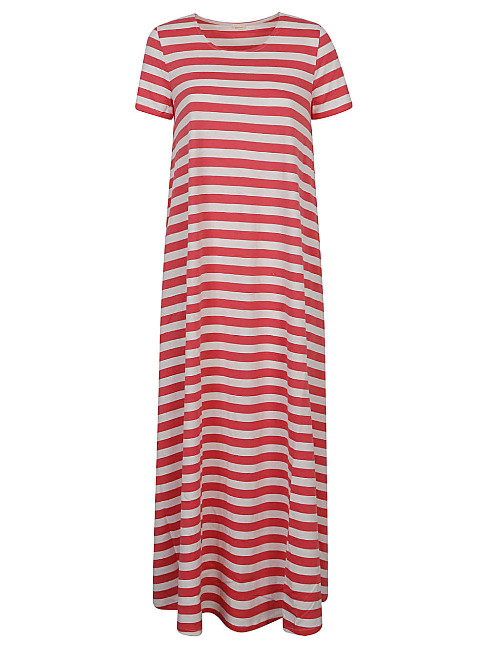 APUNTOB Striped Cotton Long Dress for Women - Short Sleeves, Crew Neck