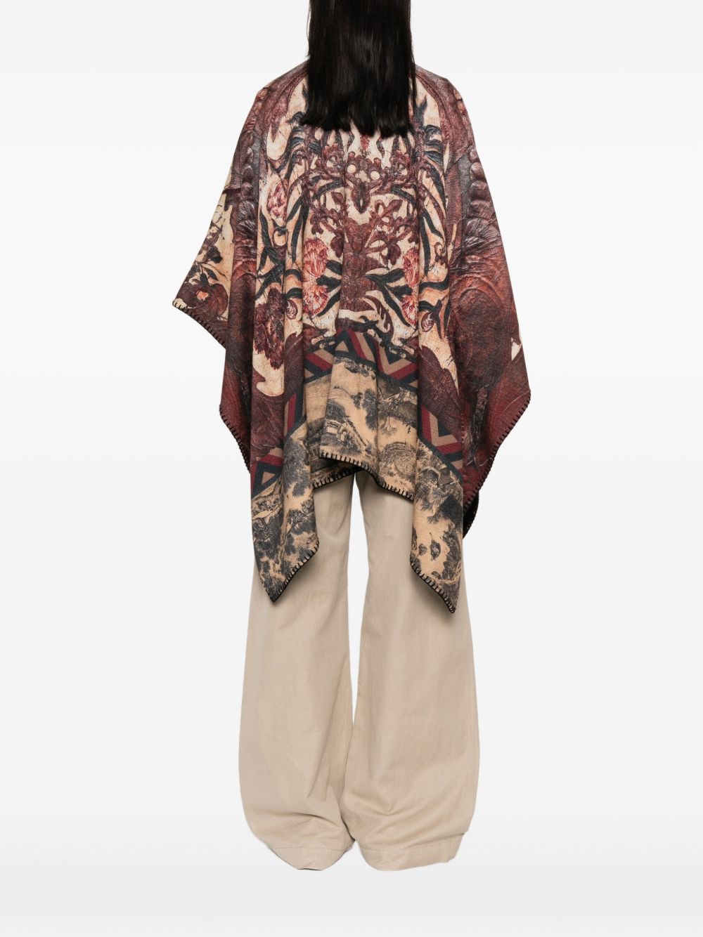 PIERRE LOUIS MASCIA Wool Printed Poncho with Zig-Zag Floral Pattern
