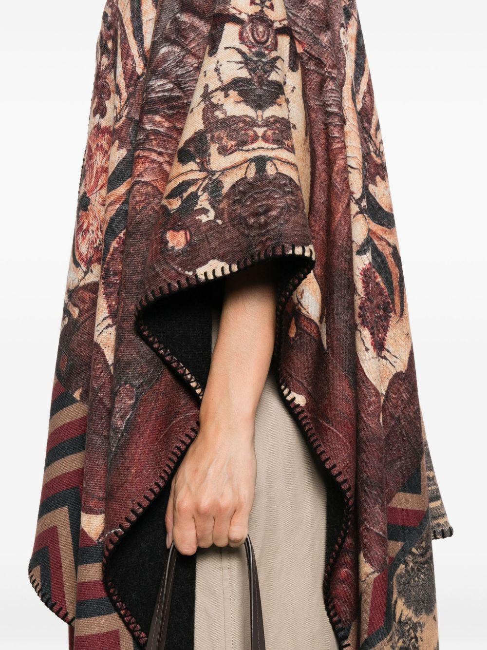 PIERRE LOUIS MASCIA Wool Printed Poncho with Zig-Zag Floral Pattern