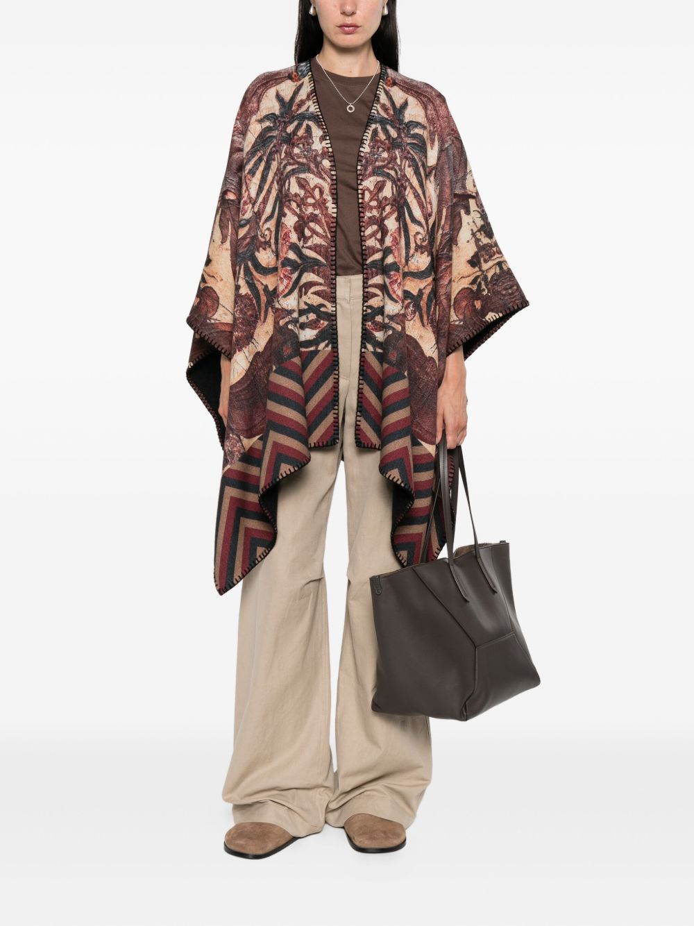PIERRE LOUIS MASCIA Wool Printed Poncho with Zig-Zag Floral Pattern