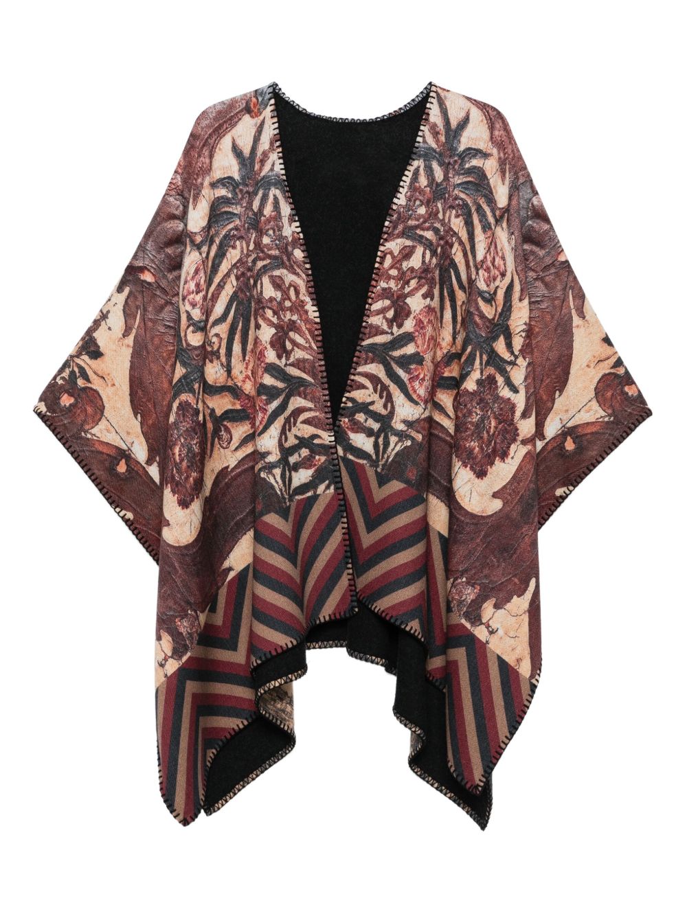 PIERRE LOUIS MASCIA Wool Printed Poncho with Zig-Zag Floral Pattern