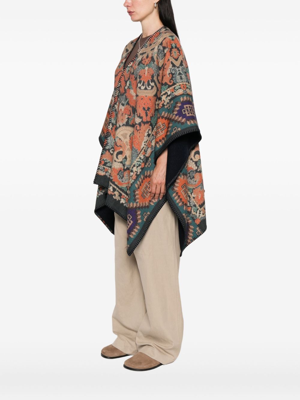 PIERRE LOUIS MASCIA Printed Wool Poncho with Scarf Collar and Fringed Edges