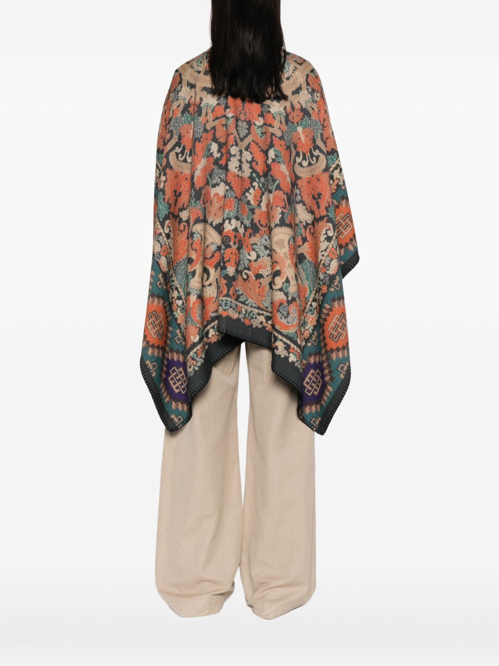 PIERRE LOUIS MASCIA Printed Wool Poncho with Scarf Collar and Fringed Edges
