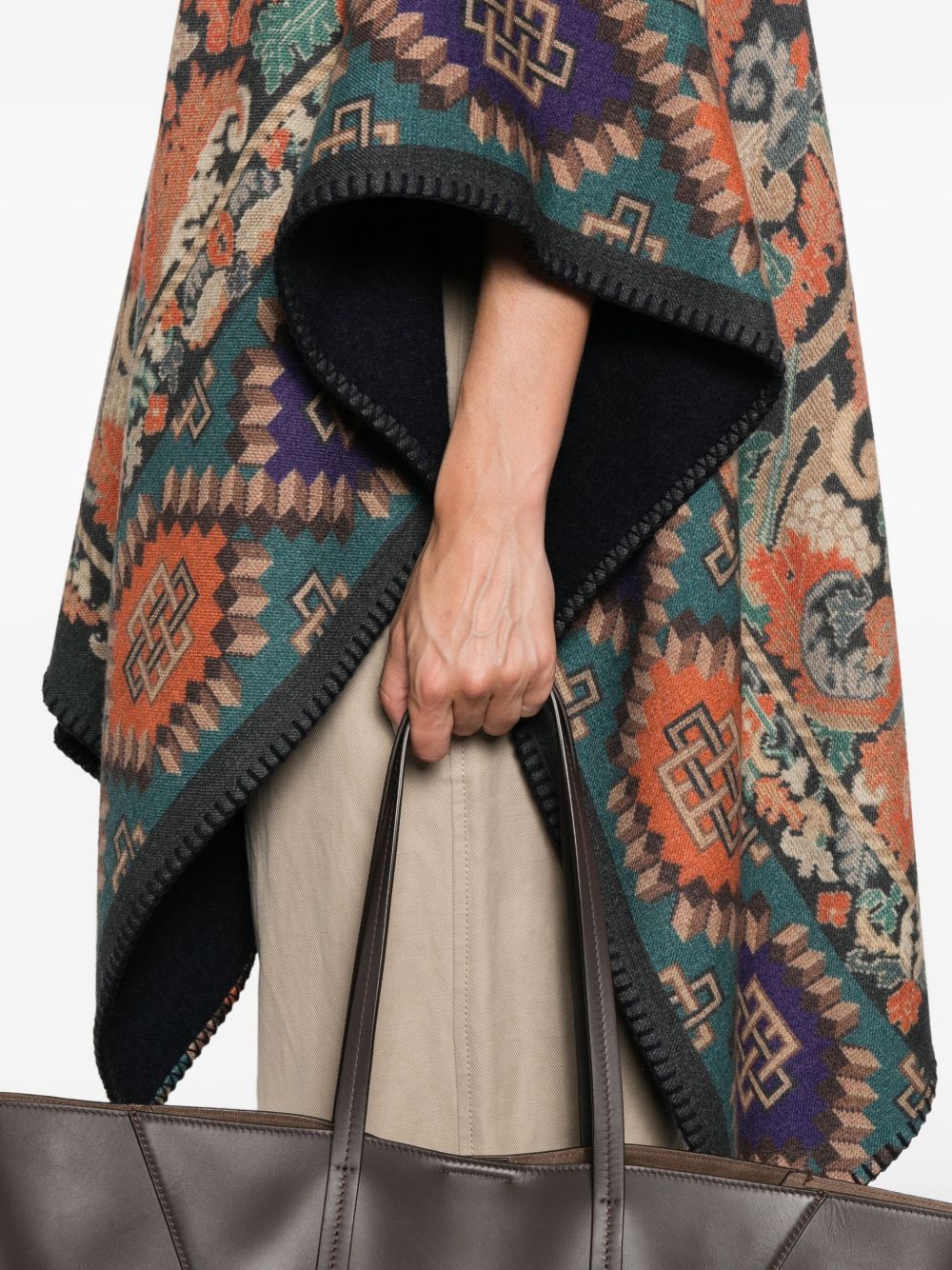 PIERRE LOUIS MASCIA Printed Wool Poncho with Scarf Collar and Fringed Edges