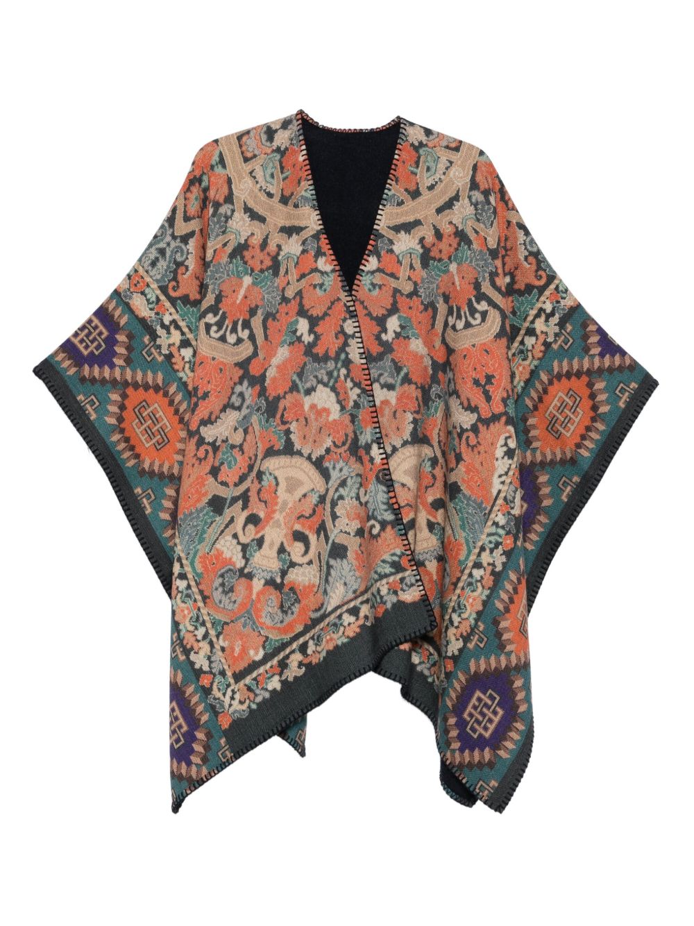 PIERRE LOUIS MASCIA Printed Wool Poncho with Scarf Collar and Fringed Edges
