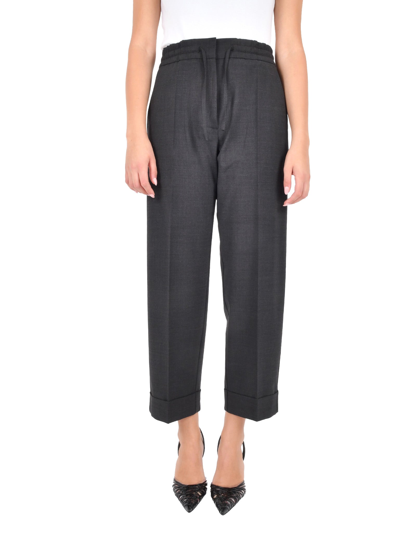 PAROSH Cropped Stretch Wool Trousers with Drawstring Waist for Women