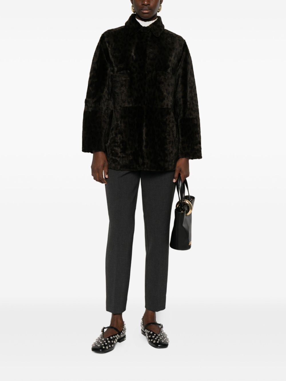 FURLING BY GIANI Leopard Print Shearling Leather Jacket with Collared Neckline for Women