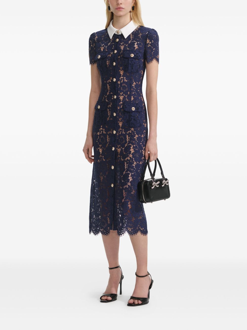 SELF-PORTRAIT Lace Long Dress with Front Button Fastening and Flap Pockets