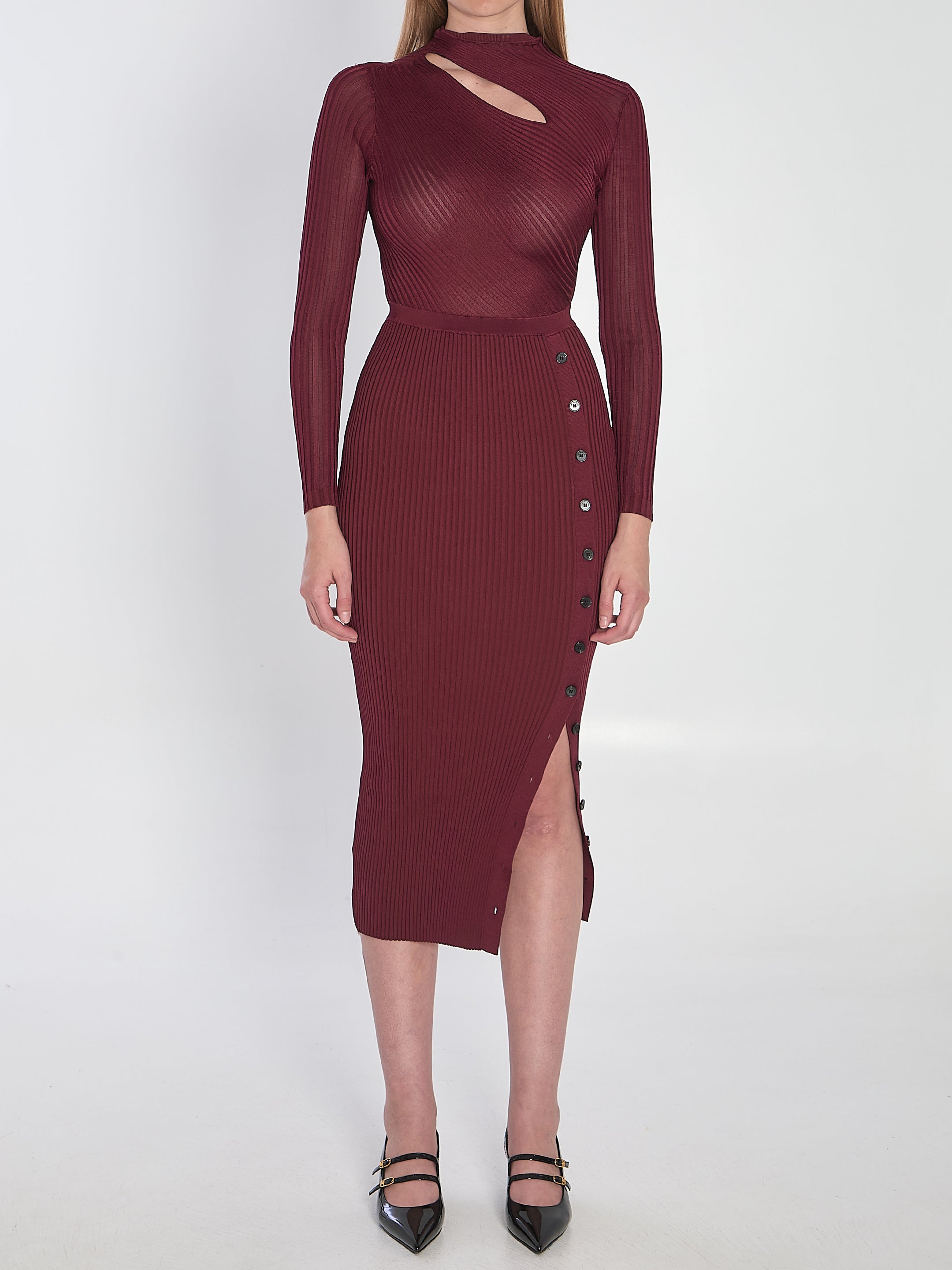 SELF-PORTRAIT Textured Knit Dress with Long Sleeves and Cut-Out Detail