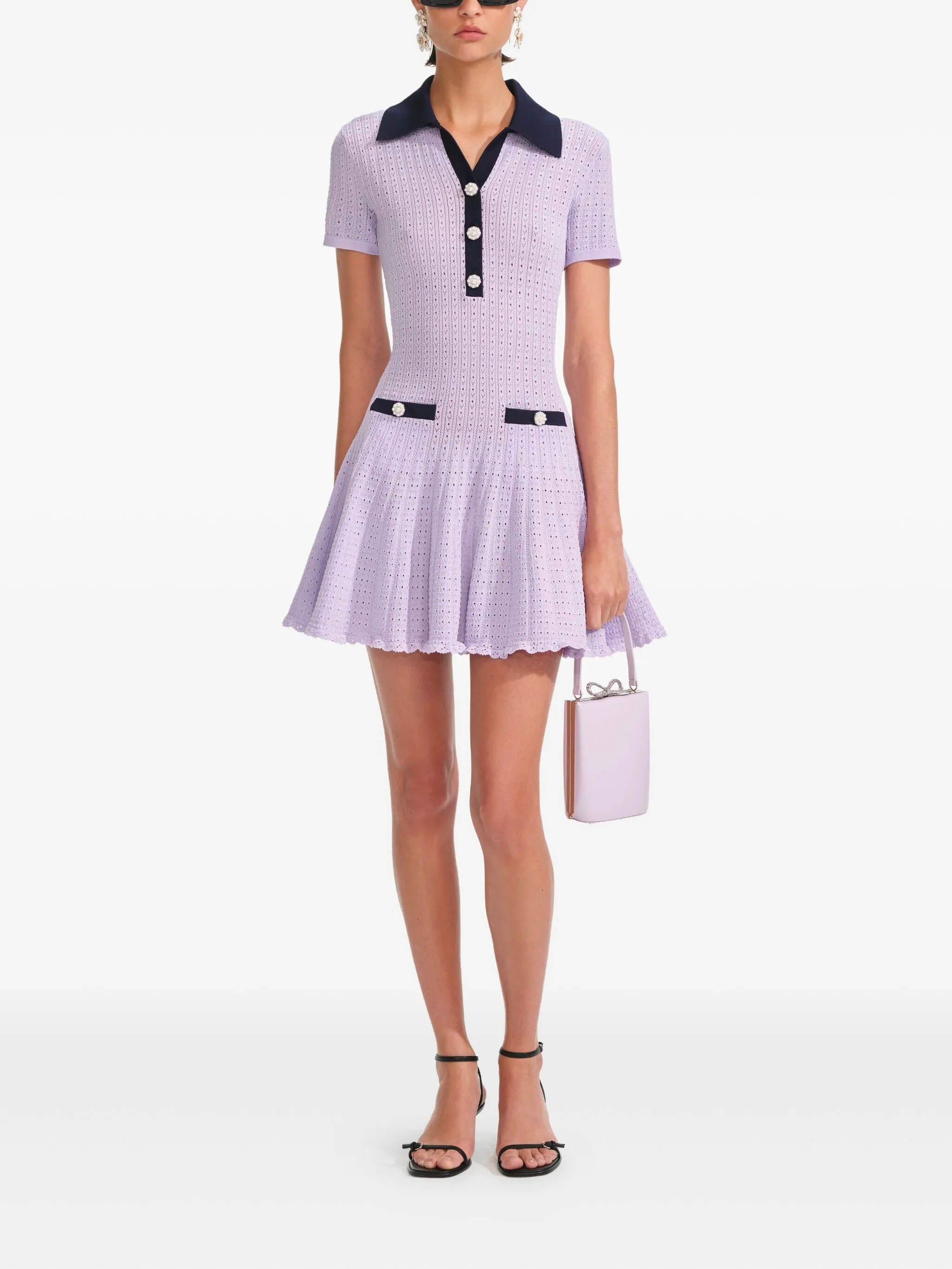 SELF-PORTRAIT Relaxed Fit Mini Dress with Pearl Buttons - Size S