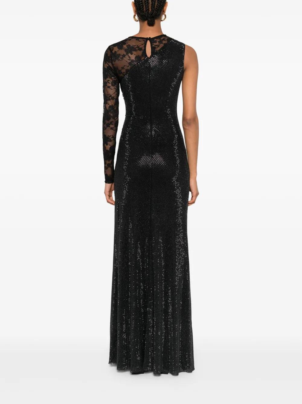 SELF-PORTRAIT One-Shoulder Long Dress with Lace and Rhinestone Sleeves Size 6