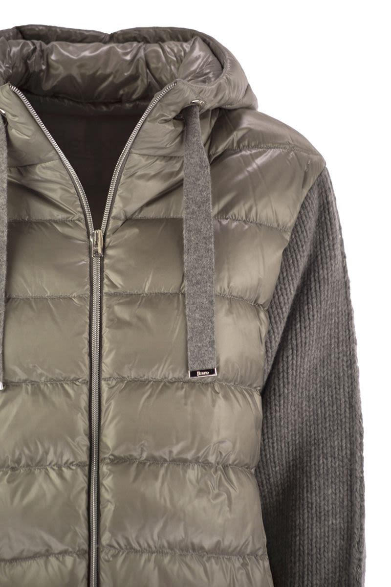 HERNO Ultralight Long Down Jacket with Wool Knit Sleeves