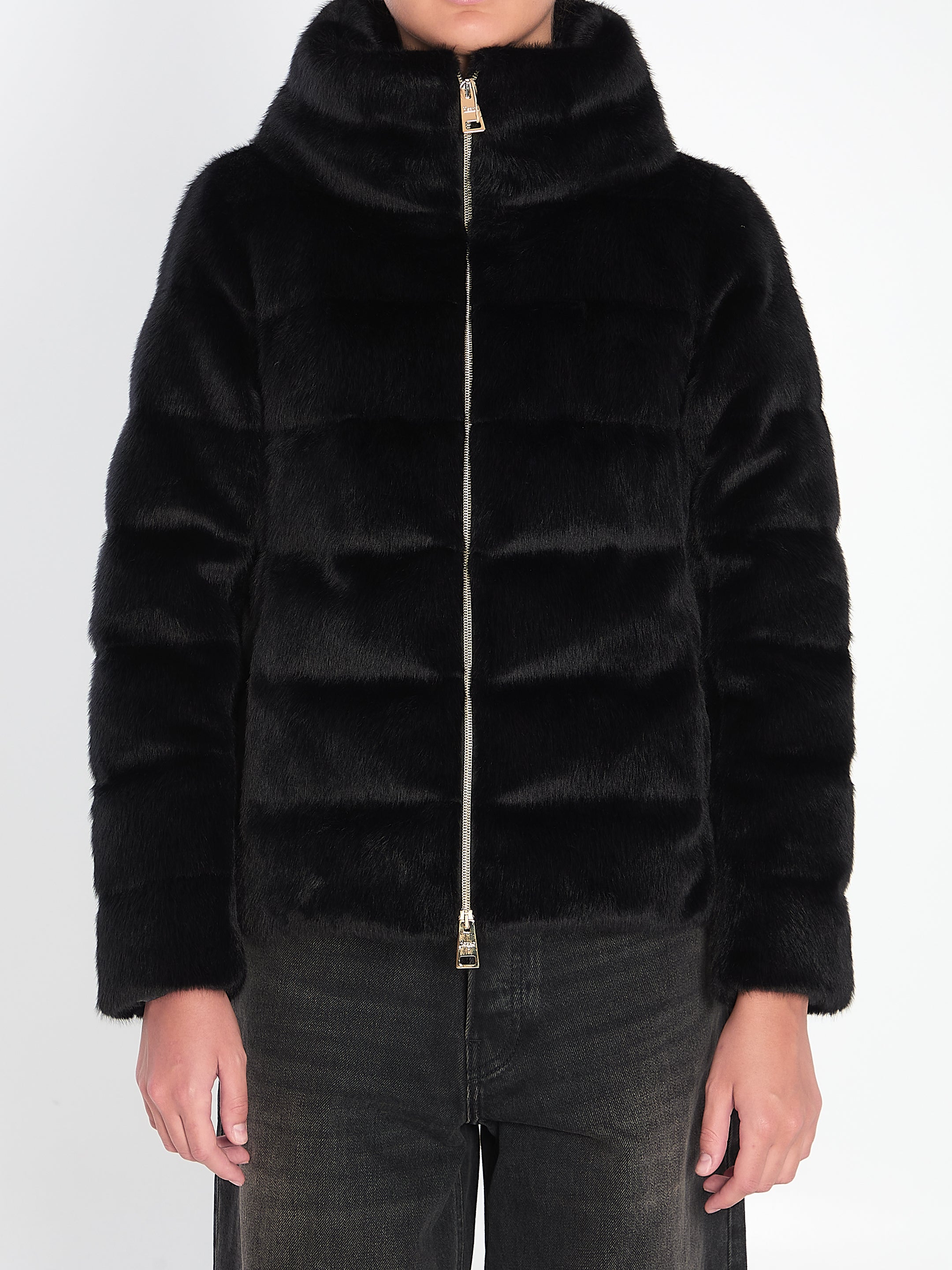 HERNO Eco-Fur Down Jacket with Crater Collar, Size 40 IT