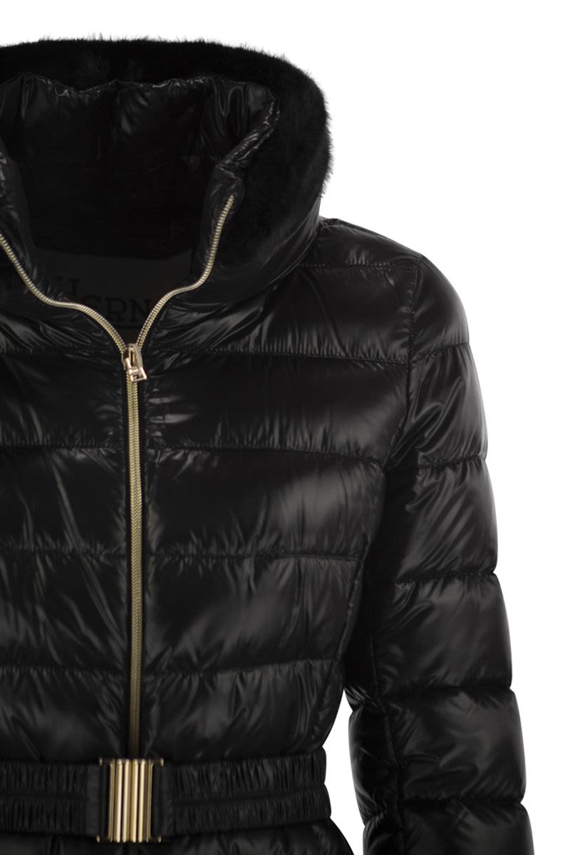 HERNO Ultralight Nylon Down Jacket with High Collar and Faux Fur Trim