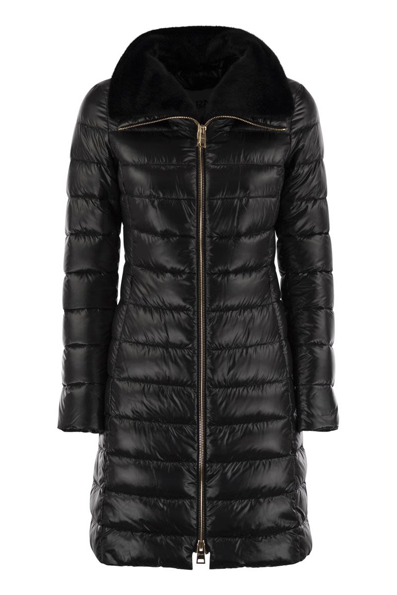 HERNO Slim Fit Long Down Jacket with Faux Fur Collar