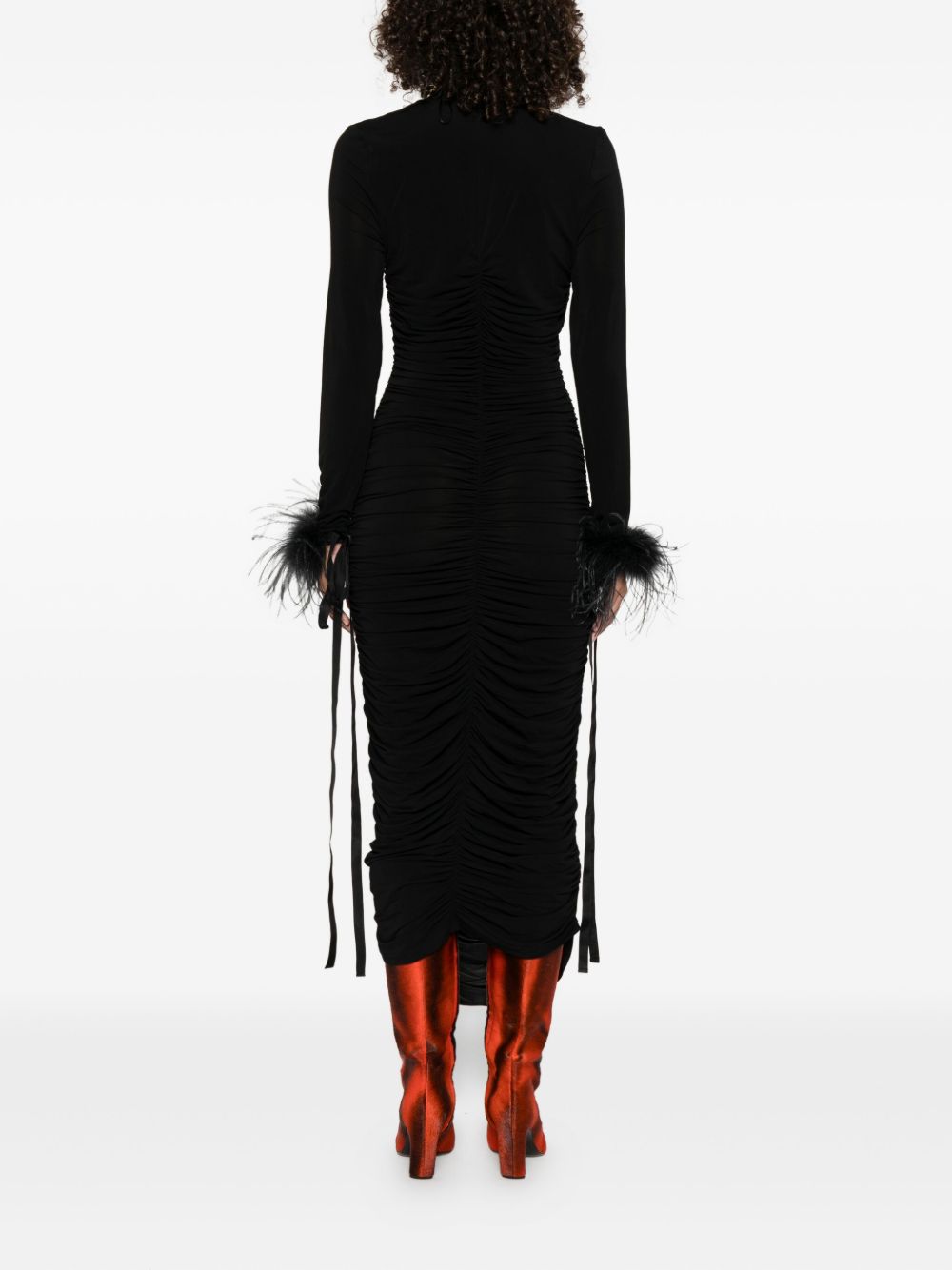 PINKO Draped Midi Dress with Ostrich Feather Cuffs