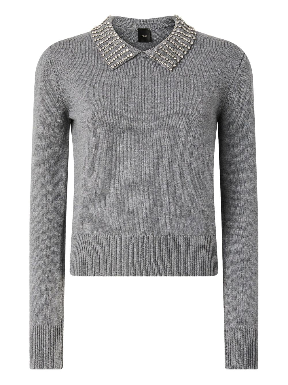 PINKO Rhinestone-Embellished Polo Collar Fitted Sweater