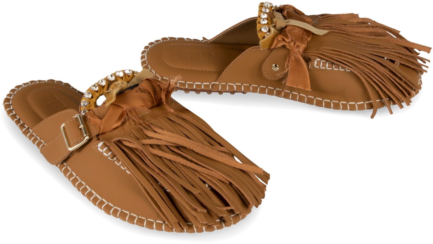 13 09 SR Fringed Faux Leather Flat Sandals