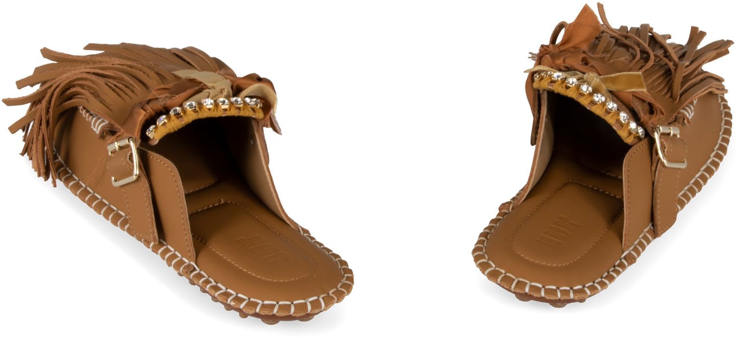 13 09 SR Fringed Faux Leather Flat Sandals