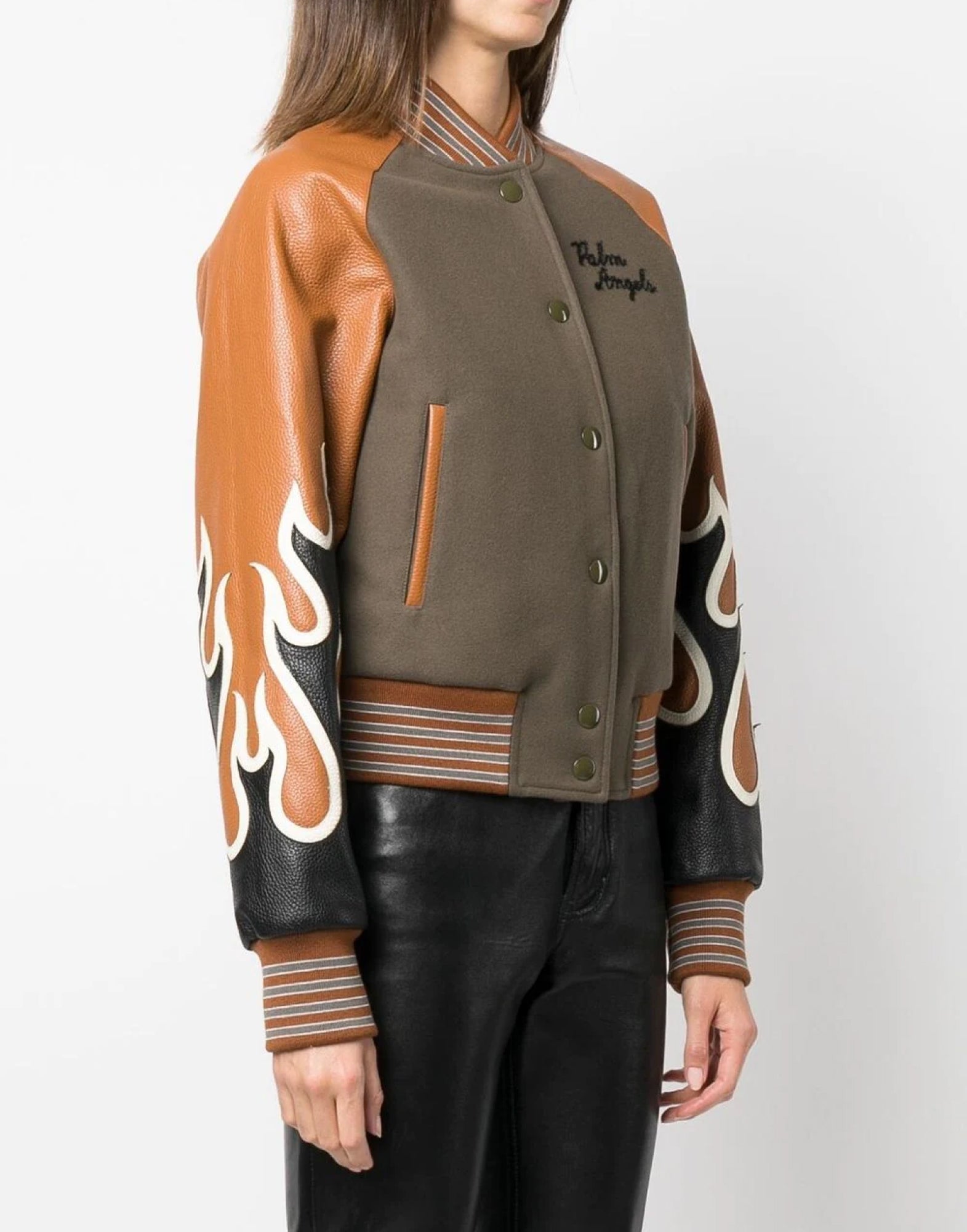 PALM ANGELS Burning Flames Leather Varsity Jacket - Women's