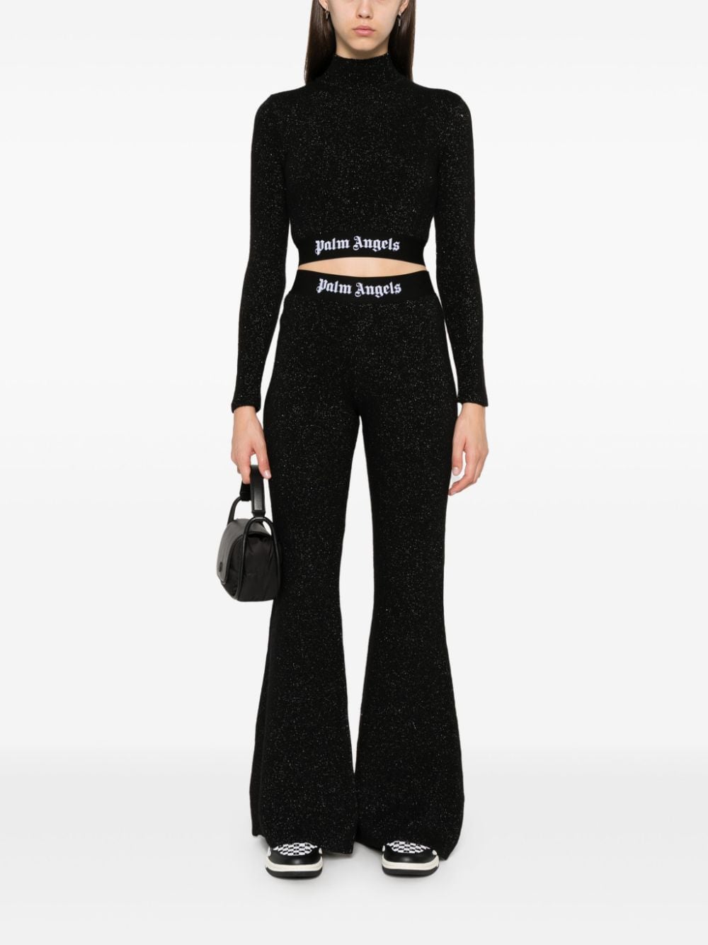 PALM ANGELS Flared Trousers with Logo Tape and Lurex Detailing