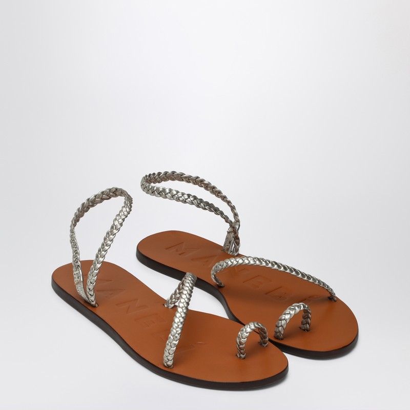 MANEBI Platinum Leather Thong Sandals with Ring