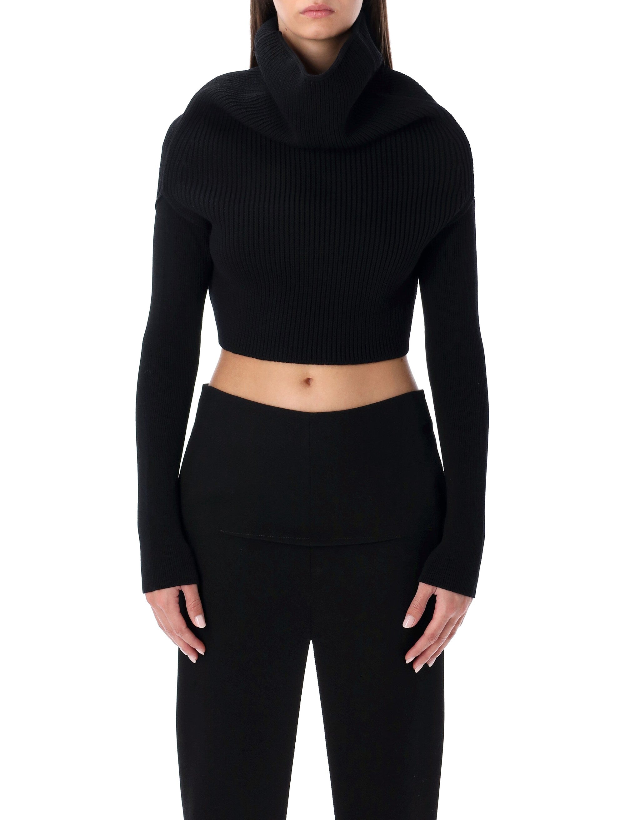 RICK OWENS Mini Cropped Knit Top with Oversized Cowl Neck