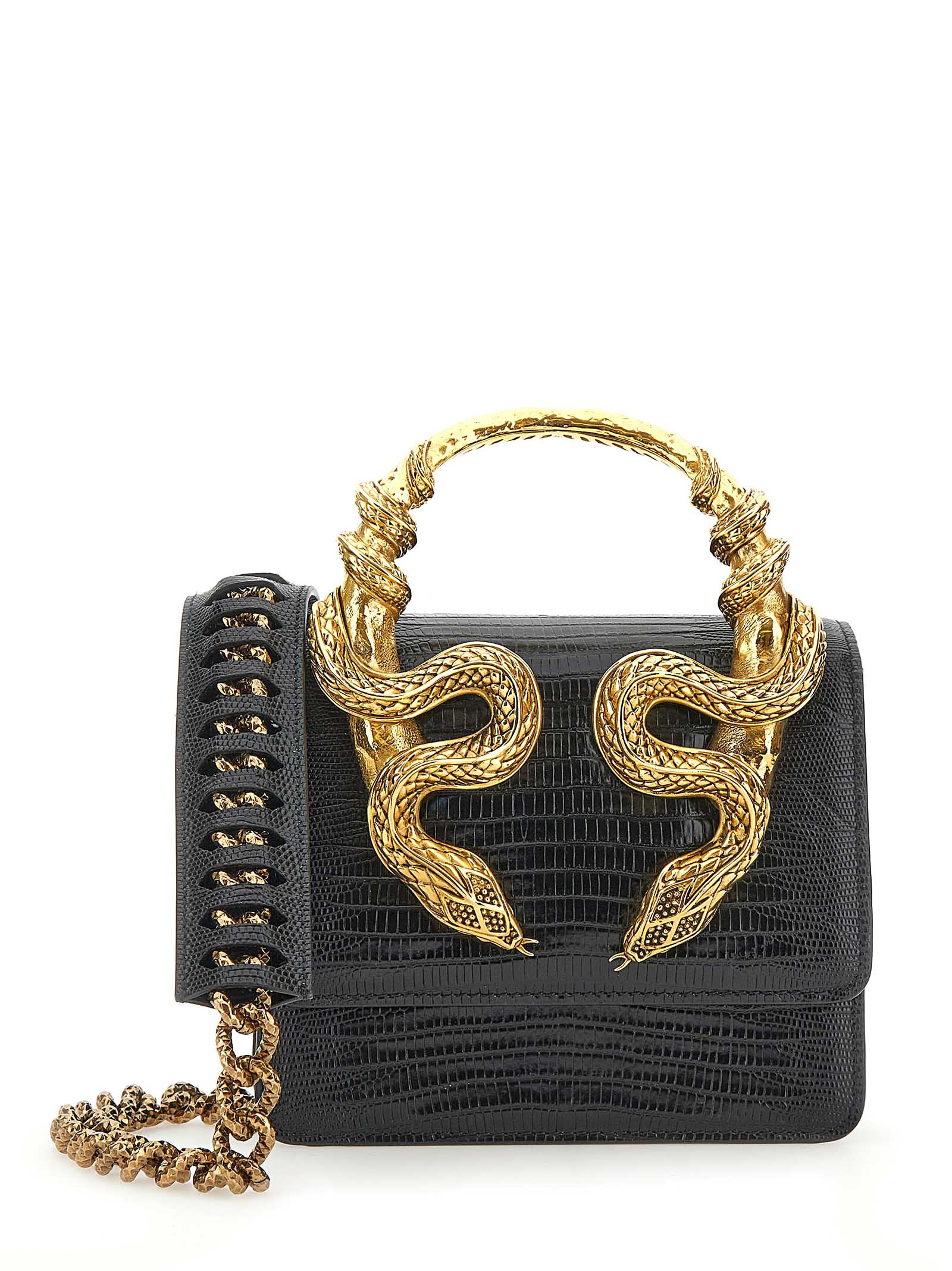 ROBERTO CAVALLI Cobra-Embossed Handbag with Gold Snake Handle