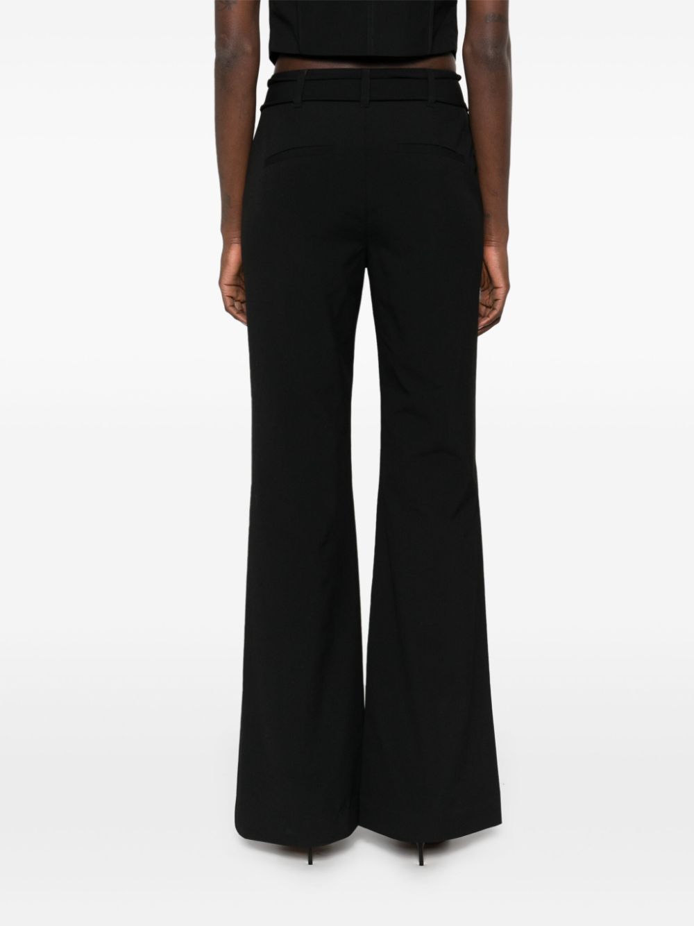 ROTATE High-Waisted Slim Fit Flare Trousers with Floral Tie Detail