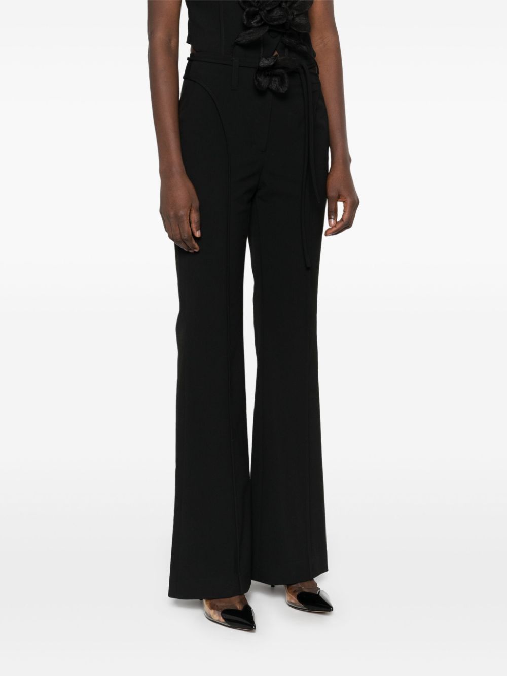 ROTATE High-Waisted Slim Fit Flare Trousers with Floral Tie Detail